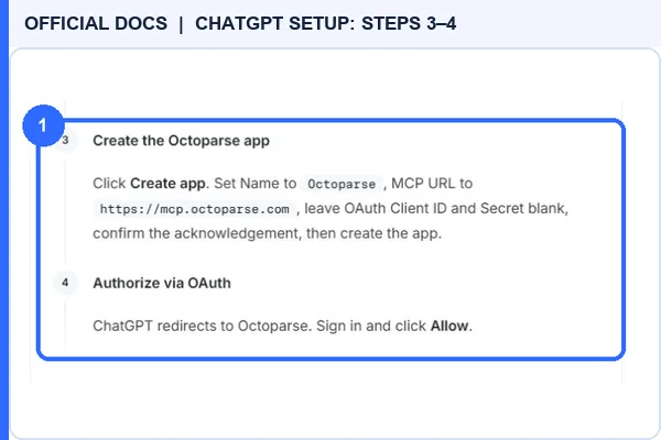 Official Octoparse documentation for ChatGPT setup steps 3 and 4
