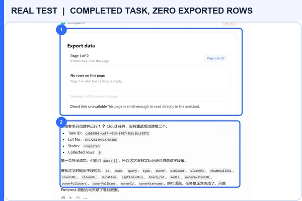 Real ChatGPT Octoparse MCP result showing a completed task and zero rows