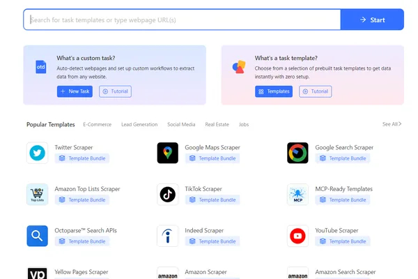 Octoparse home screen showing Template and Custom Task entry points