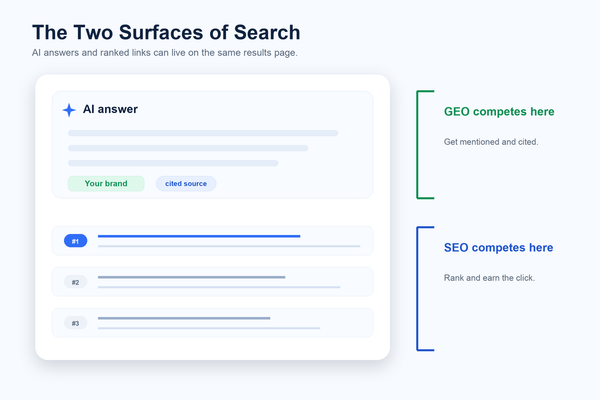 two search surfaces with an AI answer above ranked links