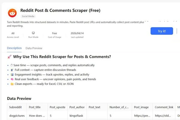 Reddit Post and Comments Scraper Free template page with the Try it button