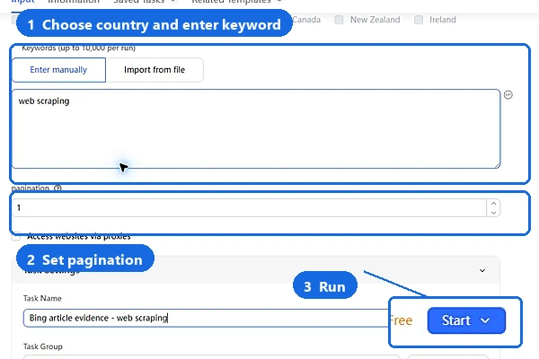 Bing template inputs for country keyword and pagination