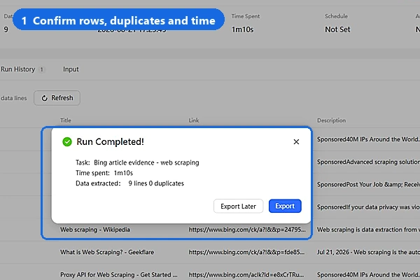 Completed Bing template run with rows and duplicate count