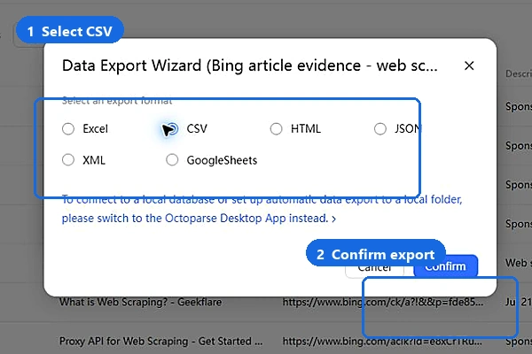 Octoparse export wizard with CSV and confirm highlighted