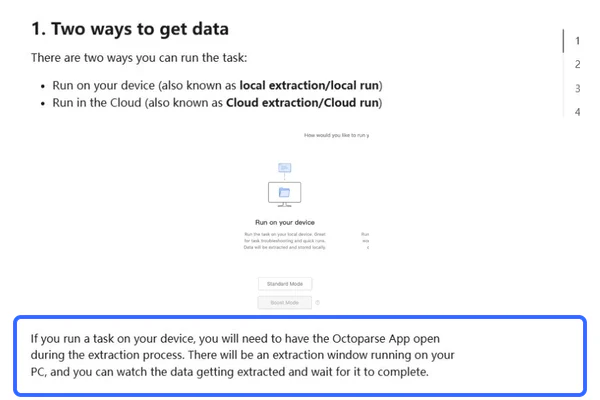 Octoparse Help Center guidance comparing local and cloud extraction, with the local App requirement highlighted