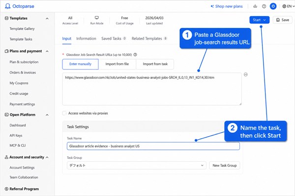 Octoparse Glassdoor Job Scraper input page with callouts for the job-search URL, task name, and Start button