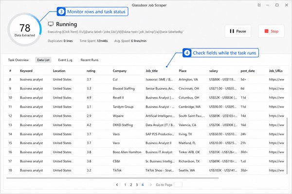 Octoparse Glassdoor Job Scraper running locally with extracted rows and visible output fields