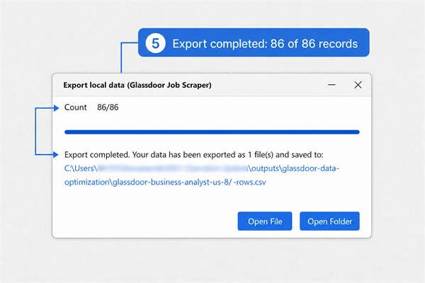Octoparse Glassdoor Job Scraper export dialog showing a completed export