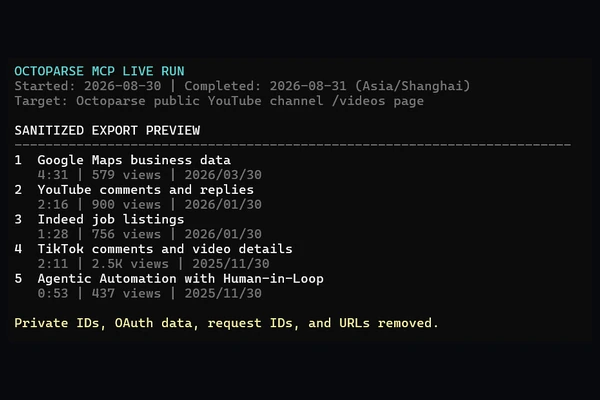 Sanitized terminal screenshot of five populated rows returned by the live Octoparse MCP export_data call