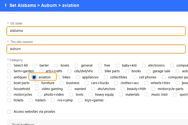 Craigslist Scraper web template configured for Alabama, Auburn, and aviation