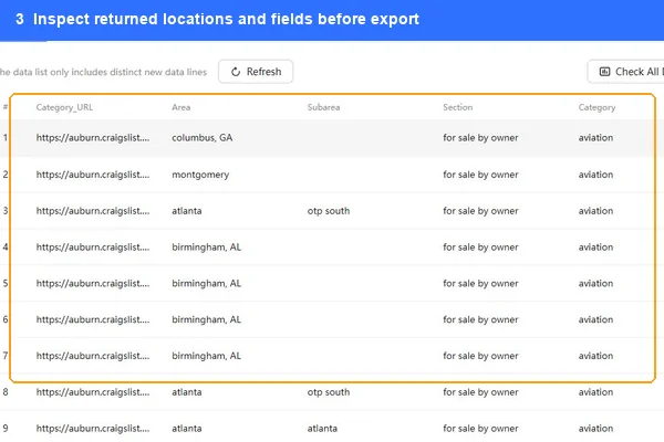 Craigslist Scraper populated data list showing returned areas and aviation records