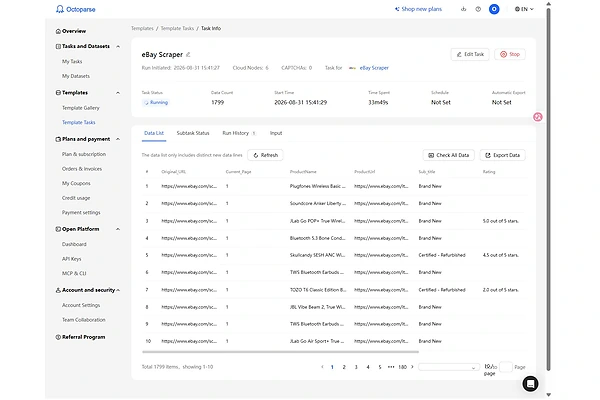 Complete Octoparse online eBay scraper results page with 1799 populated records