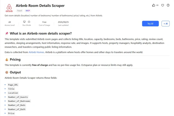 Live Octoparse Airbnb Room Details Scraper template page showing available fields
