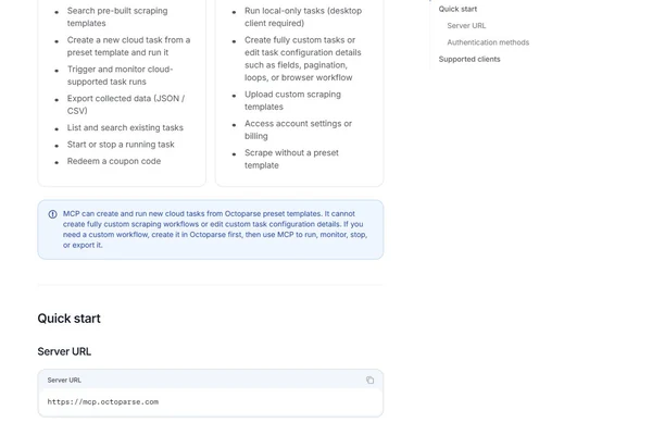 Octoparse MCP official documentation showing supported actions, limits, and server URL