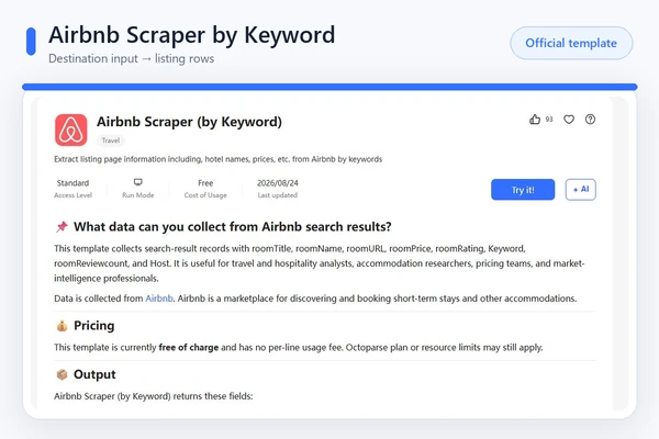 Octoparse Airbnb keyword template inputs and output fields