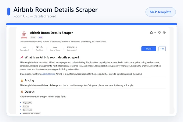 Octoparse Airbnb Room Details template fields and MCP label