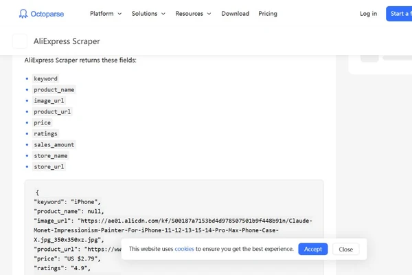 Published output fields on the AliExpress Scraper template page
