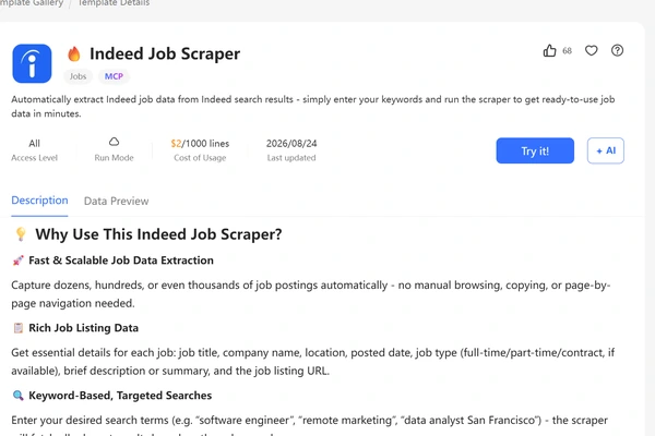 Octoparse Indeed Job Scraper template page with the Try it button, run mode, and usage cost