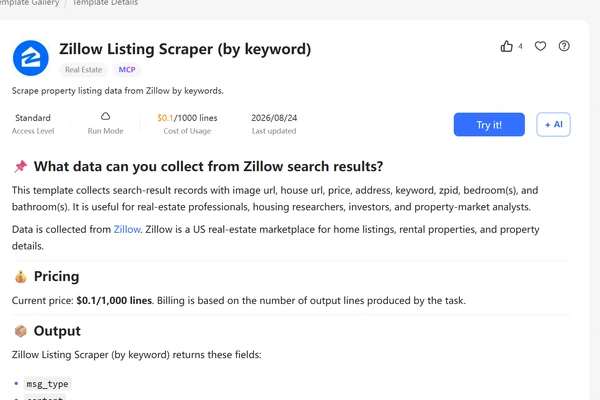 Octoparse Zillow Listing Scraper template page showing Standard access, cloud run mode, and the 0.1 per 1,000 rows price