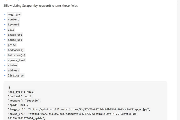 Octoparse output field list and a sample JSON row from the Zillow Listing Scraper template
