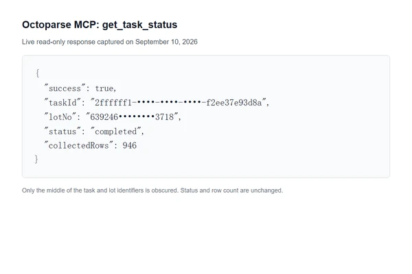 Live Octoparse MCP get_task_status response showing completed status and 946 collected Indeed rows