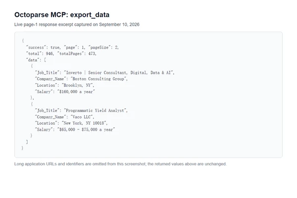 Live Octoparse MCP export_data response showing two populated Indeed job records from 946 total rows