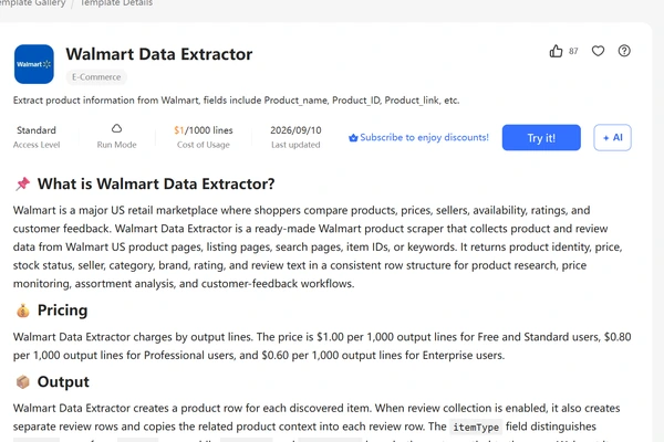 Walmart Data Extractor template page: Standard access, Cloud run mode, $1/1,000 lines, and the 13-field output list