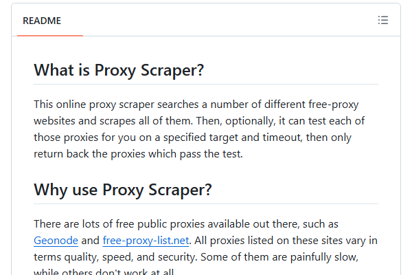 Repository documentation defining a proxy scraper as a collector of proxy addresses