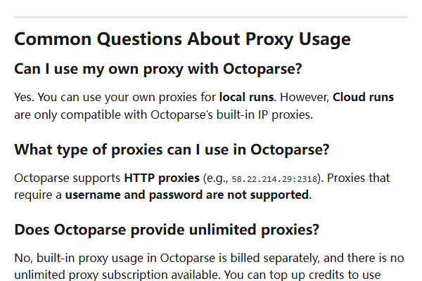 Octoparse Help Center explaining local-run and HTTP proxy requirements