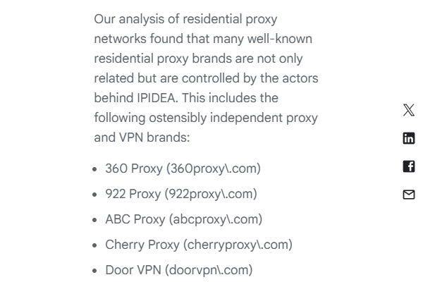 Google Threat Intelligence report naming 922 Proxy in its IPIDEA brand list