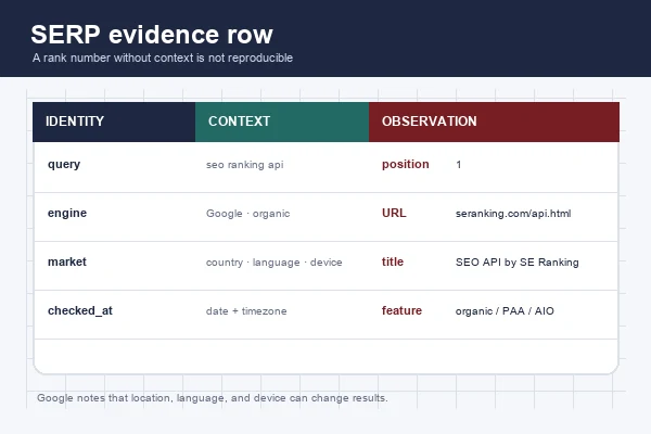 SERP evidence row: query, context, position, URL, and result type
