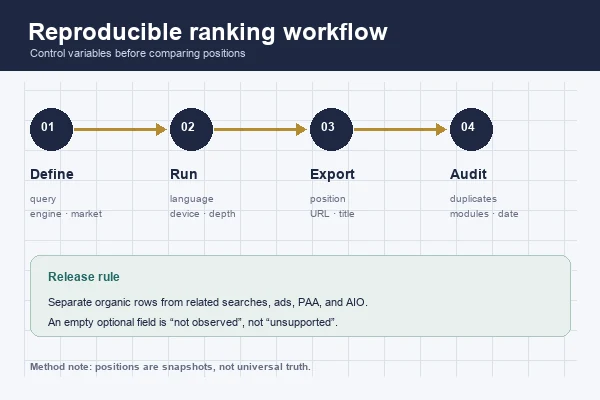 Reproducible keyword ranking workflow and validation rules