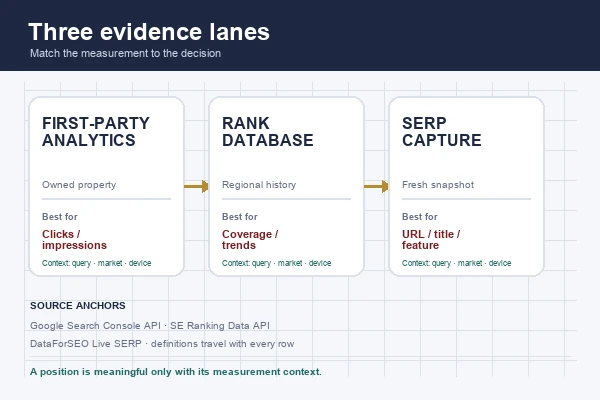 Three evidence lanes: analytics, rank database, and SERP capture