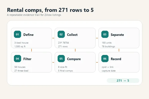 The six-step rental comp method reduces 271 Zillow rows to 5 evidence-backed comps.