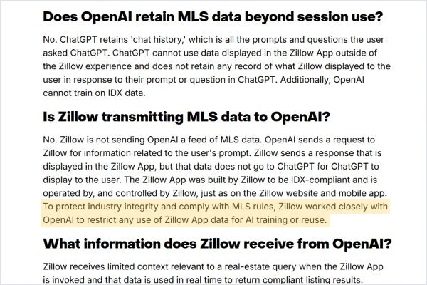 Zillow's ChatGPT app FAQ stating Zillow worked with OpenAI to restrict any use of Zillow App data for AI training or reuse