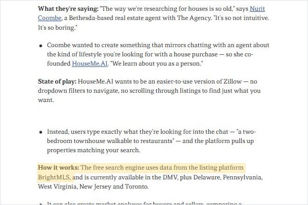Axios report on HouseMe.AI, co-founded by agent Nurit Coombe, stating the free AI search engine uses BrightMLS listing data