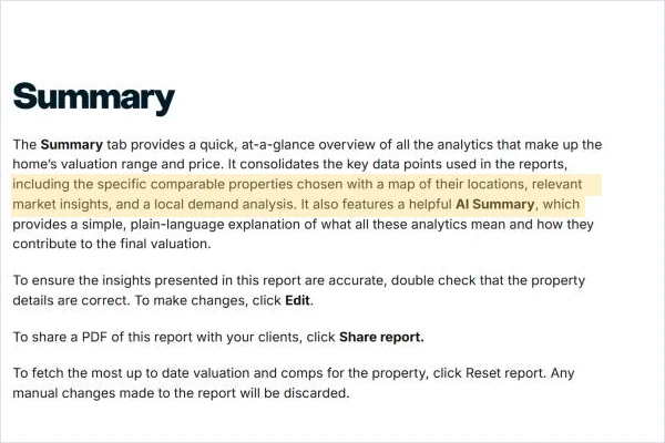 Zillow Listing IQ Summary tab description: comparable properties, market insights, local demand analysis, and an AI Summary