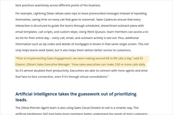 Salesforce customer story quote: Zillow sales executives went from about 65 to 90 calls a day to 150 or more after Sales Engagement