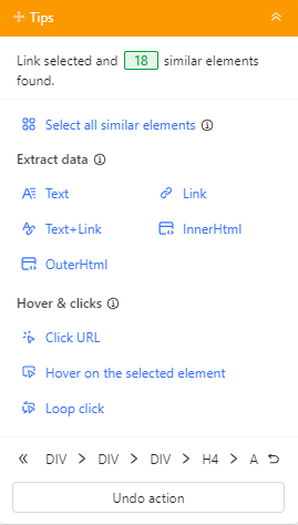 Field-selection panel inside Octoparse Desktop's Custom Task builder