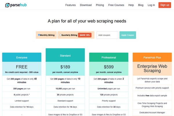 ParseHub official pricing page, captured October 7, 2026