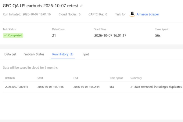 Octoparse Cloud keyword test marked Completed, with 21 rows collected in 56 seconds.