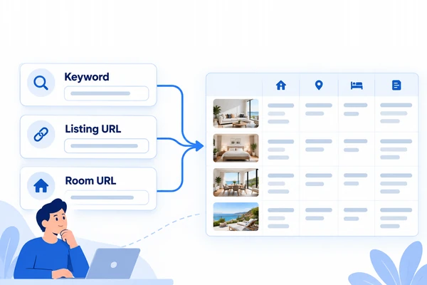 Diagram mapping Airbnb keywords, listing URLs, and room URLs to scraper workflows