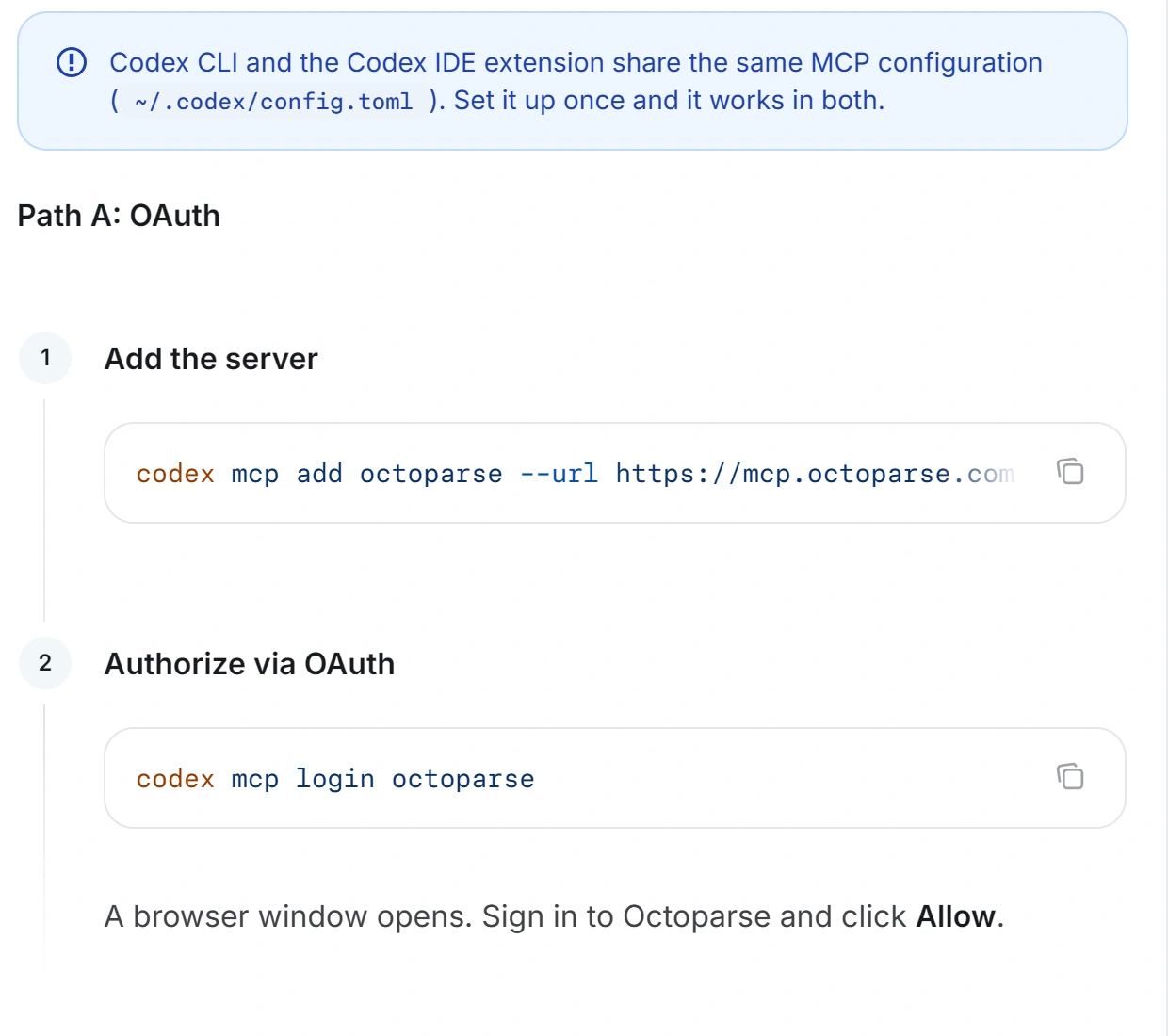 Octoparse MCP documentation showing the Codex commands to add the server and sign in with OAuth.