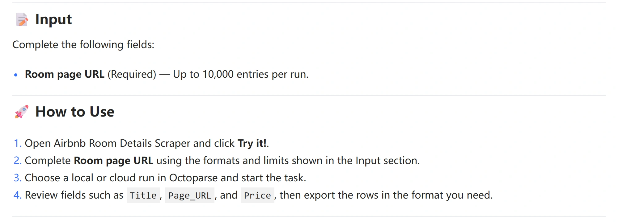 Octoparse Airbnb Room Details Scraper instructions showing the required room-page URL input and run-and-export steps.