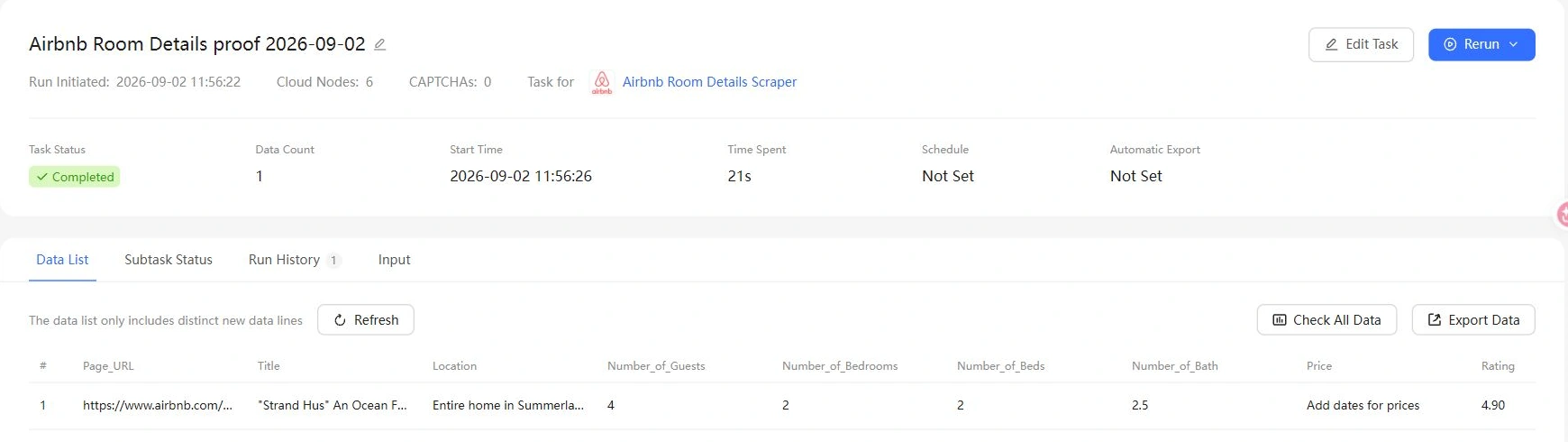 Octoparse Web Console run completed on September 2, 2026, showing one Airbnb listing row, 21 seconds elapsed and a missing-price prompt.