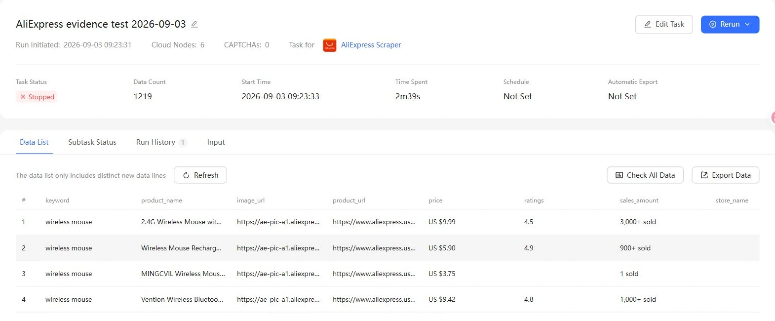 Octoparse Web Console showing a stopped AliExpress task with 1,219 data lines, 2 minutes 39 seconds elapsed and sample product rows.