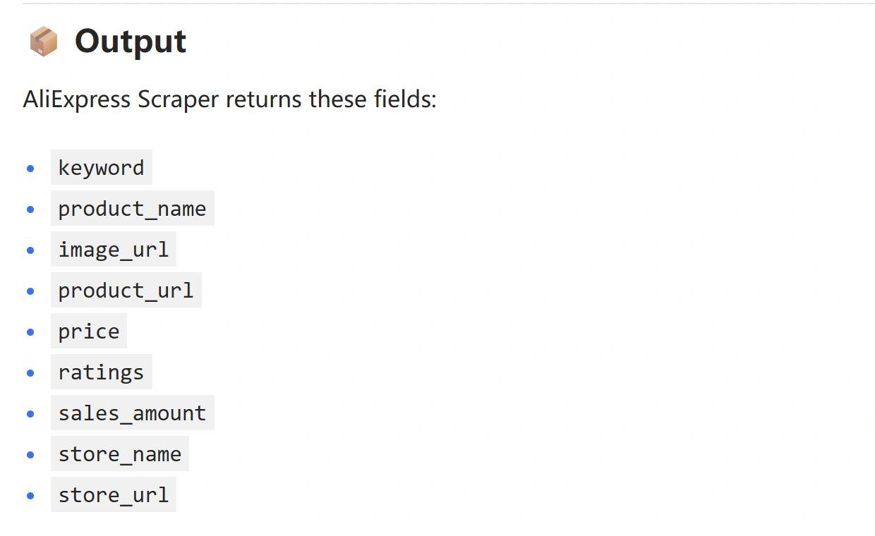 Published output fields for Octoparse AliExpress Scraper, including product, price, rating, sales and store fields.