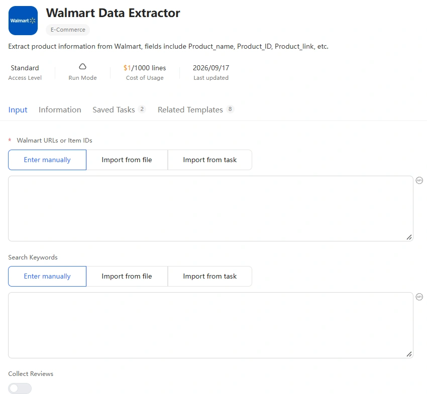 Octoparse Walmart Data Extractor inputs for URLs or item IDs, search keywords, and review collection.