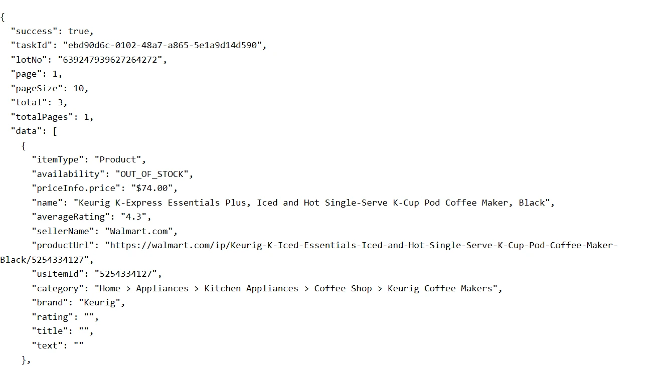 Octoparse MCP batch response showing three stored rows and a Keurig product priced at $74 with OUT_OF_STOCK availability.