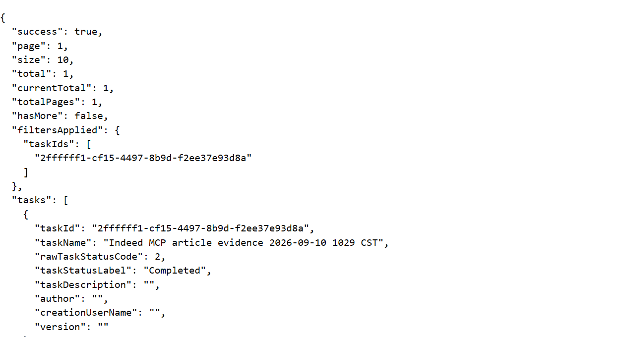 Saved Octoparse task lookup response showing Completed status for the September 10, 2026 Indeed test.
